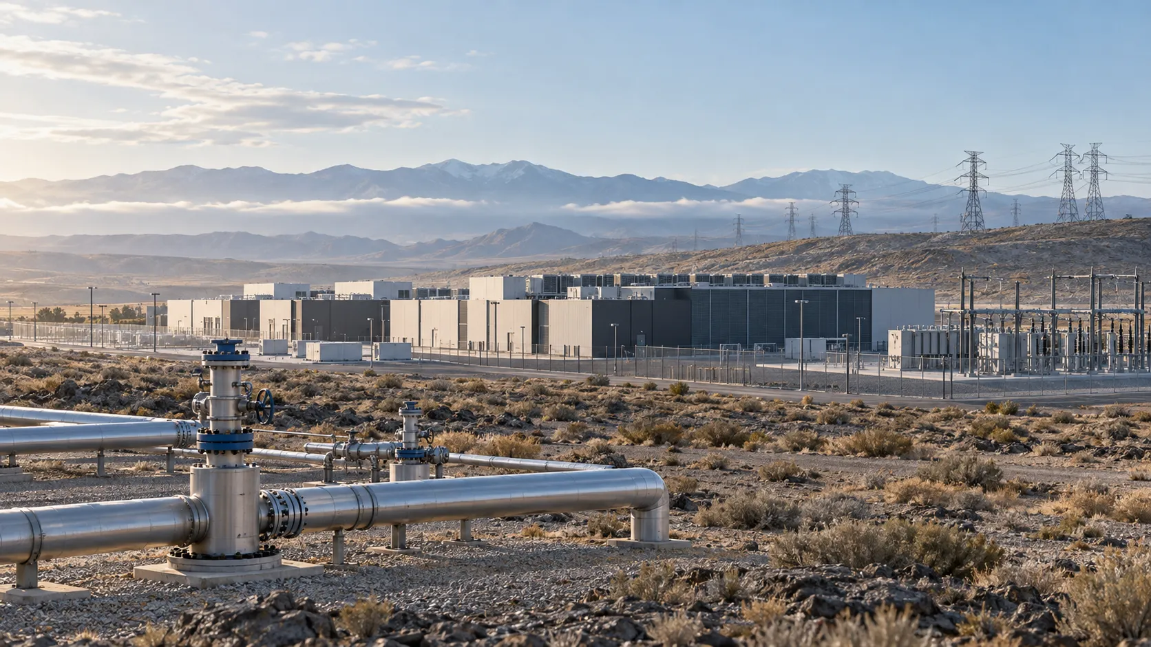 AI-generated editorial illustration of a fictional data center, geothermal pipes and electricity infrastructure.